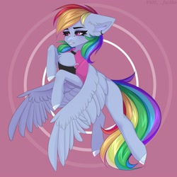 Size: 2000x2000 | Tagged: safe, artist:villjulie, artist:villjulie2, imported from derpibooru, rainbow dash, pegasus, pony, 2020, chest fluff, clothes, ear fluff, ear piercing, female, floppy ears, mare, piercing, solo