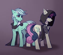 Size: 2300x2000 | Tagged: safe, artist:villjulie, artist:villjulie2, imported from derpibooru, bon bon, lyra heartstrings, sweetie drops, earth pony, pony, unicorn, 2020, cloak, clothes, female, hood, mare