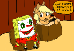 Size: 3500x2450 | Tagged: safe, artist:klown, derpibooru exclusive, imported from derpibooru, applejack, earth pony, pony, applejack's hat, colored sketch, comedy, cowboy hat, crossover, fifteen.ai, hat, joker (2019), meme, shitposting, spongebob squarepants, spongebob squarepants (character), text, this will end in tears