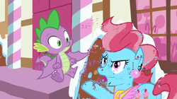 Size: 1123x631 | Tagged: safe, edit, edited screencap, imported from derpibooru, screencap, cup cake, spike, season 9, the big mac question, spoiler:s09, chiffon swirl, pixels, sugarcube corner