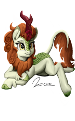 Size: 1600x2560 | Tagged: safe, artist:raphaeldavid, imported from derpibooru, autumn blaze, kirin, crossed legs, female, lying down, mare, prone, simple background, smiling, solo, white background