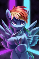 Size: 1200x1800 | Tagged: safe, alternate version, artist:ravistdash, imported from derpibooru, rainbow dash, pegasus, pony, bipedal, bullet, gun, handgun, hooves how do they work, how do hooves work?, john wick, looking at you, m45a1, magazine, pistol, poster, smiling, solo, standing, weapon, wings