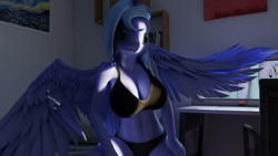 Size: 5120x2880 | Tagged: safe, artist:hmage, imported from derpibooru, princess luna, alicorn, anthro, 3d, absurd resolution, blender, bra, breasts, busty princess luna, clothes, computer monitor, crepuscular rays, female, high res, horn, monitor, s1 luna, smiling, solo, underwear, wings