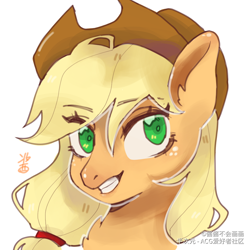 Size: 1080x1080 | Tagged: safe, artist:酱酱不会画画, imported from derpibooru, applejack, earth pony, pony, applejack's hat, bust, cowboy hat, female, grin, hat, portrait, smiling, solo, stetson