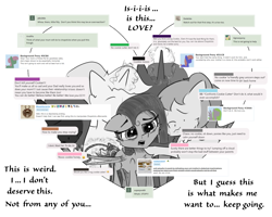 Size: 3000x2398 | Tagged: safe, artist:chopsticks, imported from derpibooru, oc, oc only, oc:cookie cutter, earth pony, pegasus, pony, unicorn, ask, ask cookie cutter, cheek fluff, chest fluff, crowd, crying, dialogue, feels, female, filly, foal, heart, magic, male, mare, monochrome, rope, stallion, telekinesis, text