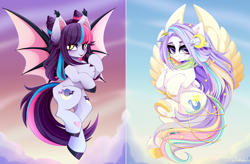 Size: 7920x5198 | Tagged: safe, artist:xsatanielx, imported from derpibooru, oc, oc only, oc:comet tail, oc:sugar night, bat pony, pegasus, pony, bat pony oc, bat wings, female, looking at you, mare, rcf community, wings