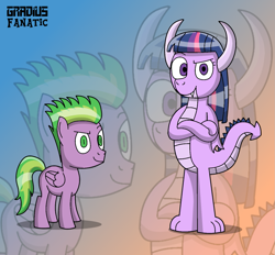 Size: 1293x1198 | Tagged: safe, artist:gradiusfanatic, imported from derpibooru, spike, twilight sparkle, dragon, pegasus, pony, colt, dragoness, dragonified, dreamworks face, duo, female, foal, male, ponified, ponified spike, role reversal, species swap, twilidragon