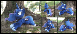 Size: 3990x1754 | Tagged: safe, artist:peruserofpieces, imported from derpibooru, princess luna, alicorn, pony, beanie (plushie), female, hoof shoes, horn, irl, jewelry, lying down, mare, photo, plushie, profile, prone, regalia, smiling, solo, sploot, tree, wings