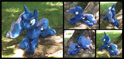 Size: 3668x1754 | Tagged: safe, artist:peruserofpieces, imported from derpibooru, princess luna, alicorn, pony, beanie (plushie), female, horn, irl, lying down, mare, photo, plushie, prone, smiling, solo, sploot, tree, wings