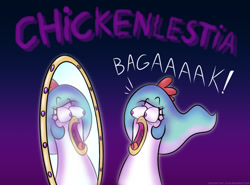 Size: 955x708 | Tagged: safe, artist:banebuster, imported from derpibooru, princess celestia, bird, chicken, original species, series:tiny tia, between dark and dawn, alektorophobia, becoming what you fear, fear, gradient background, mirror, open mouth, species swap, that princess sure is afraid of chickens, wild take