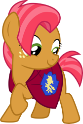 Size: 3000x4461 | Tagged: safe, artist:cloudy glow, artist:cloudyglow, imported from derpibooru, babs seed, earth pony, pony, one bad apple, .ai available, absurd resolution, adorababs, cape, clothes, cute, female, filly, freckles, high res, looking back, raised hoof, simple background, smiling, solo, transparent background, vector