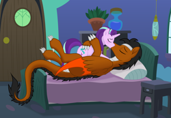 Size: 10000x6936 | Tagged: safe, artist:negatif22, imported from derpibooru, starlight glimmer, oc, oc:draco k-night blaze, dracony, dragon, hybrid, pony, unicorn, bed, bedroom, blushing, canon x oc, commission, couple, duo, eyes closed, female, folded wings, kiss on the lips, kissing, making out, male, mare, movie accurate, shipping, stallion, starlaco, straight, vector, wings