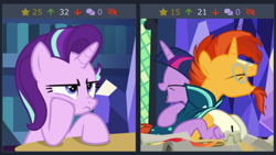 Size: 1334x750 | Tagged: safe, imported from derpibooru, starlight glimmer, sunburst, twilight sparkle, alicorn, pony, unicorn, derpibooru, uncommon bond, hug, juxtaposition, meta, starlight glimmer is not amused, starlight is not amused, twilight sparkle (alicorn), unamused