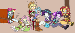 Size: 2118x945 | Tagged: safe, artist:bugssonicx, imported from derpibooru, applejack, cozy glow, fluttershy, rainbow dash, rarity, starlight glimmer, sunset shimmer, equestria girls, angry, arm behind back, bondage, bound and gagged, cap, chair, clothes, crying, equestria girls-ified, female, gag, hat, help us, midriff, rainbond dash, rarity's blue sarong, rarity's purple bikini, rope, rope bondage, sandals, sarong, scared, skirt, sun hat, swimsuit, tanktop, tape, tape gag, tied to chair, tied up