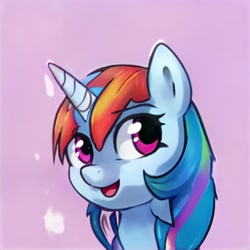 Size: 1024x1024 | Tagged: safe, artist:thisponydoesnotexist, imported from derpibooru, pony, ai content, ai generated, bust, generator:thisponydoesnotexist, horn, neural network, not rainbow dash, open mouth, pink background, portrait, simple background, solo