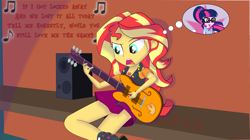 Size: 1923x1079 | Tagged: safe, artist:jcpreactyt, imported from derpibooru, sci-twi, sunset shimmer, twilight sparkle, equestria girls, cute, female, girlfriend, guitar, lesbian, locked away, music, musical instrument, r. city, scitwishimmer, shimmerbetes, shipping, song reference, sunsetsparkle, thought bubble, together forever, twiabetes