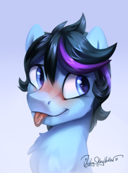 Size: 2235x3000 | Tagged: safe, artist:jedayskayvoker, imported from derpibooru, oc, oc only, oc:glacier wind, pegasus, pony, blushing, bust, commission, icon, male, mlem, portrait, silly, simple background, solo, tongue out, white background