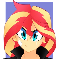 Size: 1776x1776 | Tagged: safe, artist:xan-gelx, imported from derpibooru, sunset shimmer, equestria girls, bandage, bust, determined, eye scar, female, frown, looking at you, portrait, scar, simple background, solo