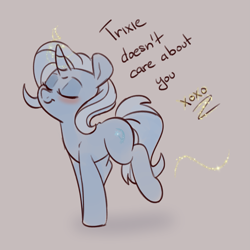 Size: 1525x1525 | Tagged: source needed, safe, artist:lou, derpibooru exclusive, imported from derpibooru, trixie, pony, unicorn, blushing, cute, dialogue, diatrixes, eyes closed, female, glowing horn, gray background, horn, magic, mare, simple background, smiling, smug, solo, third person, xoxo