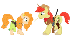 Size: 4089x2146 | Tagged: safe, alternate version, artist:third uncle, artist:three uncle, imported from derpibooru, bright mac, pear butter, earth pony, pony, the perfect pear, bandana, brightbutter, cowboy, cowboy hat, dancing, eye contact, female, flower, flower in hair, gun, handgun, hat, husband and wife, looking at each other, male, mare, mouth hold, revolver, rifle, shipping, shotgun, simple background, smiling, stallion, straight, straw in mouth, transparent background, weapon