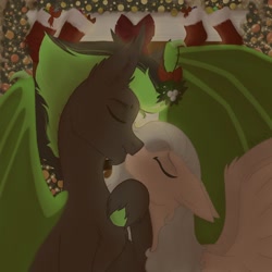 Size: 2048x2048 | Tagged: safe, artist:lunathemoongod, imported from derpibooru, oc, oc only, oc:envy dio, bat pony, pegasus, bat pony oc, bat wings, christmas, christmas stocking, clothes, commission, couple, cute, eyes closed, female, fire, fireplace, floppy ears, happy, hearth's warming, holiday, hooves, kissing, large wings, love, male, mare, mistletoe, new year, oc x oc, pegasus oc, romance, shipping, socks, spread wings, stallion, stockings, straight, thigh highs, wings