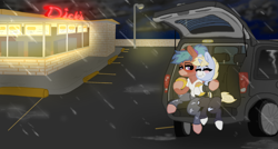 Size: 1980x1060 | Tagged: safe, artist:nootaz, imported from derpibooru, oc, oc:blitz razorwind, oc:nootaz, car, rain