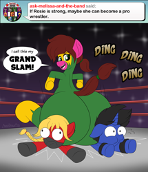 Size: 2000x2324 | Tagged: safe, artist:aarondrawsarts, imported from derpibooru, oc, oc:cece ewing, oc:rose bloom, oc:true blue, earth pony, unicorn, ask, ask brain teaser, bulging eyes, butt, butt crush, dialogue, eye bulging, huge butt, large butt, sports, squashed, tumblr, wrestling