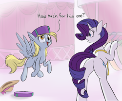 Size: 2400x2000 | Tagged: safe, artist:rocket-lawnchair, imported from derpibooru, derpy hooves, rarity, pegasus, pony, unicorn, butt, cute, derpabetes, derpy being derpy, gift box, hat, indoors, plot, present, raribetes, rearity, silly, silly pony