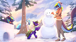 Size: 3840x2160 | Tagged: safe, artist:fensu-san, imported from derpibooru, oc, oc only, oc:marina, oc:tpuk, oc:ultra marine, anthro, plantigrade anthro, pony, shark, unicorn, boots, christmas, clothes, eyebrows, eyebrows visible through hair, furry, furry oc, hat, holiday, santa hat, scarf, scenery, shoes, smiling, snow, snow fort, snowball, snowman, tongue out, tree, wallpaper, winter