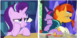 Size: 1280x629 | Tagged: safe, edit, edited screencap, imported from derpibooru, screencap, starlight glimmer, sunburst, twilight sparkle, alicorn, unicorn, derpibooru, uncommon bond, candle, cutie map, female, hug, juxtaposition, male, mare, meta, quill, scroll, stallion, twilight sparkle (alicorn)