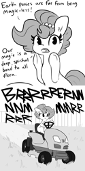 Size: 3000x6000 | Tagged: safe, artist:tjpones, imported from derpibooru, oc, oc only, oc:brownie bun, earth pony, pony, comic, dialogue, grass, irony, lawn mower, monochrome, mowing, sitting, smiling, solo