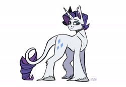 Size: 2048x1423 | Tagged: safe, artist:lrusu, imported from derpibooru, part of a set, rarity, pony, unicorn, choker, elusive, leonine tail, lidded eyes, looking at you, male, rule 63, simple background, smiling, solo, stallion, unshorn fetlocks, white background