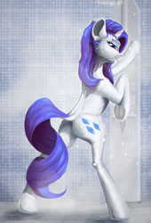 Size: 994x1459 | Tagged: safe, artist:itssim, imported from derpibooru, rarity, pony, unicorn, bipedal, bipedal leaning, butt, female, leaning, mare, plot, rearity, shower, solo, underhoof, wet, wet mane