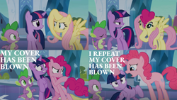 Size: 2000x1125 | Tagged: safe, edit, edited screencap, editor:quoterific, imported from derpibooru, screencap, fluttershy, pinkie pie, spike, twilight sparkle, unicorn, the crystal empire, disguise, fluttershy suit, unicorn twilight