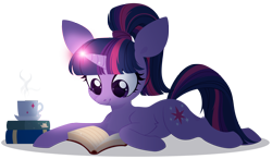 Size: 4000x2342 | Tagged: safe, artist:belka-sempai, imported from derpibooru, twilight sparkle, pony, unicorn, alternate hairstyle, book, chest fluff, cute, glowing horn, high res, horn, leg fluff, lying down, magic, mug, ponytail, prone, reading, simple background, solo, transparent background, twiabetes, unicorn twilight