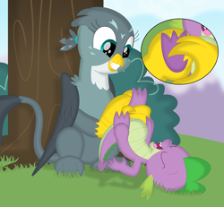 Size: 3524x3259 | Tagged: safe, artist:porygon2z, imported from derpibooru, gabby, spike, dragon, griffon, female, grass, laughing, male, shipping, spabby, straight, tickling, tree