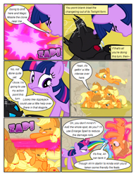 Size: 612x792 | Tagged: safe, artist:newbiespud, edit, edited screencap, imported from derpibooru, screencap, applejack, rainbow dash, twilight sparkle, changeling, earth pony, pegasus, pony, unicorn, comic:friendship is dragons, a canterlot wedding, ball of violence, circling stars, comic, dialogue, disguise, disguised changeling, dizzy, eyelashes, eyes closed, female, fight, frown, glowing horn, hat, horn, magic, mare, onomatopoeia, open mouth, pony pile, screencap comic, telekinesis, unicorn twilight