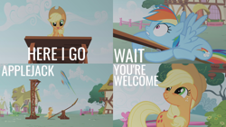 Size: 2000x1125 | Tagged: safe, edit, edited screencap, editor:quoterific, imported from derpibooru, screencap, applejack, rainbow dash, pony, applebuck season, season 1, dialogue, silly, silly pony, who's a silly pony