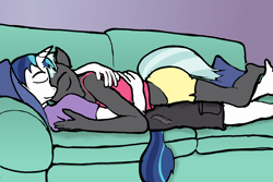 Size: 1066x713 | Tagged: safe, artist:nastipone, imported from derpibooru, shining armor, thunderlane, anthro, plantigrade anthro, clothes, couch, cuddling, duo, eyes closed, gay, male, males only, shorts, tanktop