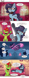Size: 1200x3150 | Tagged: safe, artist:saturdaymorningproj, imported from derpibooru, oc, oc only, oc:berzie, changedling, changeling, earth pony, pony, bait and switch, bedroom eyes, chains, changedling oc, changeling oc, clothes, comic, couch, dialogue, earth pony oc, female, gloves, hard hat, latex, latex gloves, makeup, male, mare, mouth hold, movie quote, riding crop, safe word, who framed roger rabbit