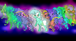 Size: 7559x4157 | Tagged: safe, alternate version, artist:background basset, imported from derpibooru, lyra heartstrings, pony, unicorn, bipedal, clone, different view of reality, dimension travel, dimensional cracks, female, open mouth, solo