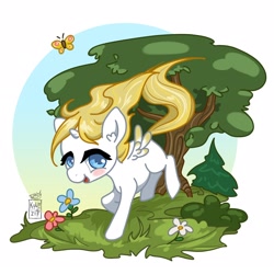 Size: 2160x2160 | Tagged: safe, artist:kchche, derpibooru exclusive, imported from derpibooru, oc, oc:sweetie shy, alicorn, butterfly, pony, alicorn oc, blushing, female, filly, flower, forest background, gift art, happy, horn, looking at you, running, shy, wings