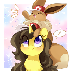 Size: 1200x1200 | Tagged: safe, artist:loyaldis, imported from derpibooru, oc, oc:astral flare, eevee, pony, unicorn, blushing, cute, female, happy, hat, let's go eevee, looking up, pokémon, pokémon trainer, smiling