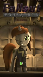 Size: 3072x5462 | Tagged: safe, artist:thegreatbeardedoc, imported from derpibooru, oc, oc only, oc:littlepip, pony, unicorn, fallout equestria, 3d, clothes, female, jumpsuit, looking at you, mare, one eye closed, pipbuck, poster, smiling, smiling at you, solo, source filmmaker, stable 2, vault suit, wink, winking at you