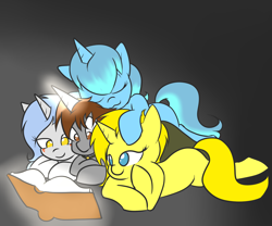 Size: 1200x1000 | Tagged: safe, artist:star, imported from ponybooru, oc, oc only, oc:able tome, oc:glacial shroud, oc:sunshower, pony, unicorn, /mlp/, book, family, female, fourcannon, horn, lying down, lying on top of someone, magic, male, mare, reading, sleeping, stallion, telekinesis