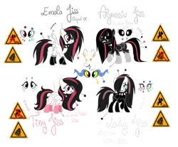 Size: 422x350 | Tagged: safe, artist:emalajiss36, imported from derpibooru, oc, oc only, oc:emala jiss, pegasus, pony, angry, black sclera, choker, clothes, eye scar, eyelashes, female, goth, grin, heterochromia, latex, latex suit, mare, pegasus oc, punk, raised hoof, reference sheet, scar, sign, simple background, smiling, socks (coat marking), sombra eyes, spiked choker, transparent background, wings