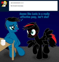 Size: 7708x8130 | Tagged: safe, artist:agkandphotomaker2000, imported from derpibooru, oc, oc:arnold the pony, oc:pony video maker, pegasus, pony, tumblr:pony video maker's blog, ask, blushing, coffee mug, dialogue, dizzy, dizzy eyes, implied kissing, kiss mark, lipstick, mug, show accurate, simple background, spread wings, stool, table, tumblr, wings