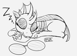 Size: 5500x4000 | Tagged: safe, artist:evan555alpha, imported from ponybooru, oc, oc only, oc:yvette (evan555alpha), changeling, changeling oc, curled up, cute, dorsal fin, female, glasses, lying down, monochrome, ocbetes, onomatopoeia, ponybooru exclusive, round glasses, signature, simple background, sketch, sleeping, solo, white background