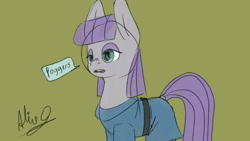 Size: 1920x1080 | Tagged: safe, artist:aliceg, imported from ponybooru, maud pie, earth pony, pony, belt, clothes, dialogue, female, gorgoalice daily pony, gray coat, green background, looking to side, looking to the left, mare, open mouth, poggers, purple mane, purple tail, signature, simple background, solo, speech bubble