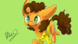 Size: 1920x1080 | Tagged: safe, artist:aliceg, imported from ponybooru, cheese sandwich, brown mane, brown tail, clothes, cutie mark, ears, gorgoalice daily pony, green background, green eyes, large ears, male, open mouth, orange coat, raised hoof, running, shirt, signature, simple background, solo, stallion